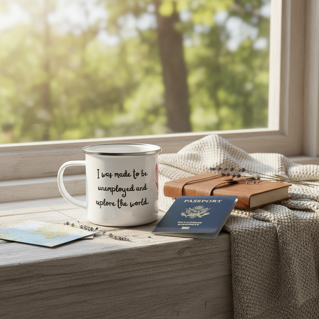 I Was Made To Be Unemployed And Explore The World. Versatile Enamel Camping Mug.