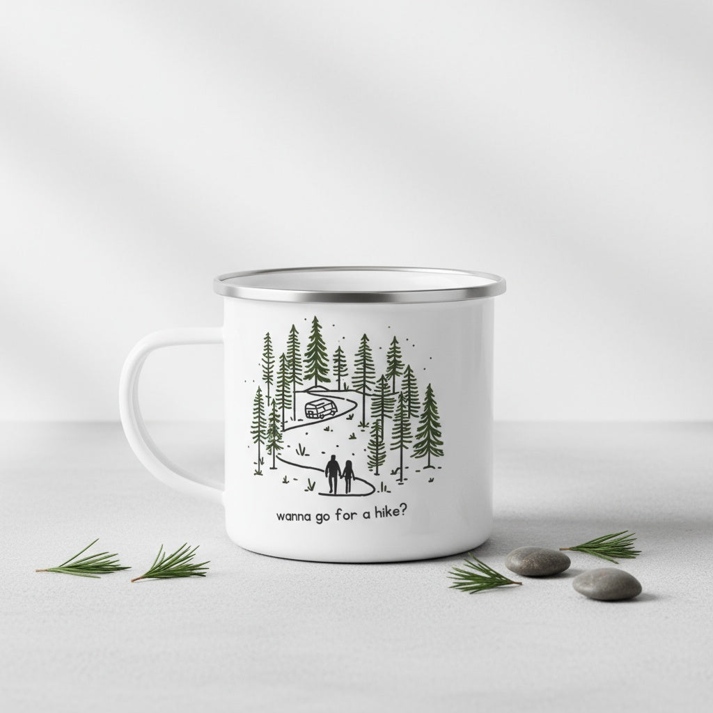 Versatile Enamel Camping Mug. Wanna Go For A Hike?