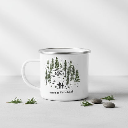 Versatile Enamel Camping Mug. Wanna Go For A Hike?