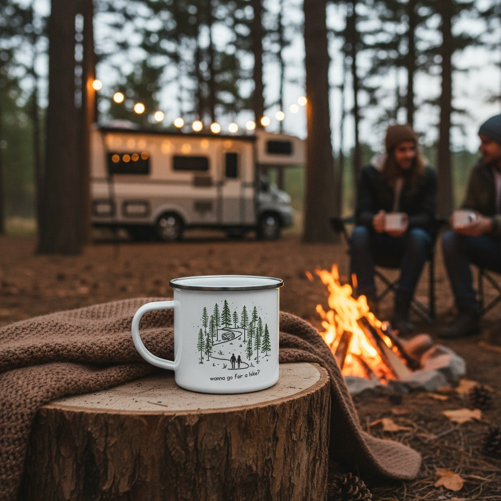 Versatile Enamel Camping Mug. Wanna Go For A Hike?