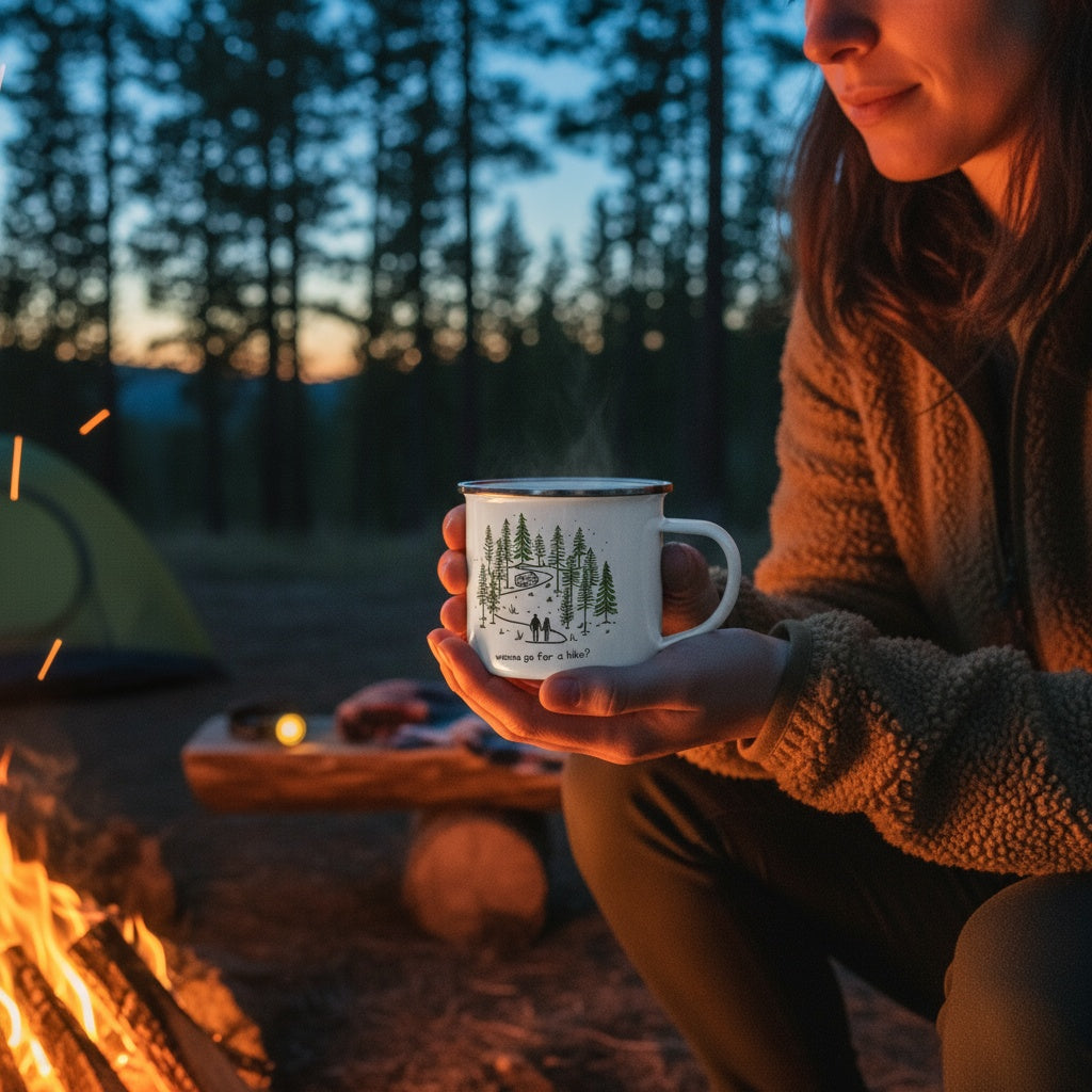 Versatile Enamel Camping Mug. Wanna Go For A Hike?