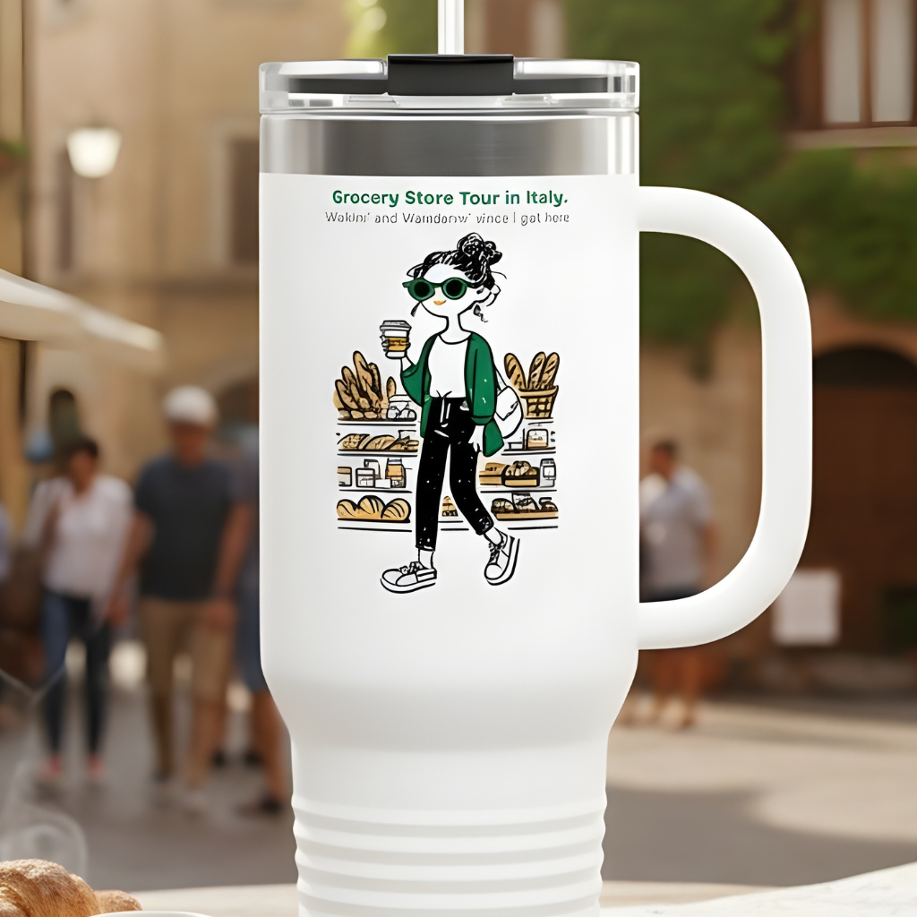 Italian Grocery Store Tour -  Insulated Travel Mug. Travel Mug, Funny Design.